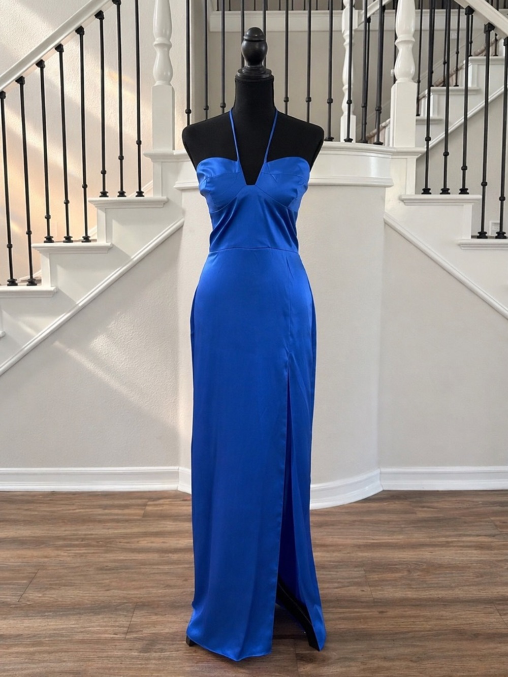 Amanda Uprichard NWT Blue Satin Halter Maxi Dress Slit Size L